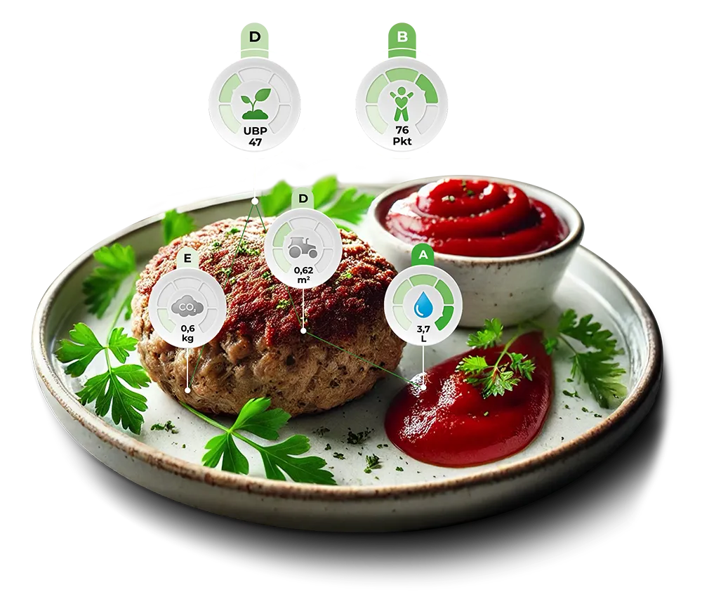 Vegane Boulette mit Ketchup und Petersilie auf weißem Teller, ergänzt durch Nachhaltigkeitskennzahlen zu Umweltbelastung, CO₂-Ausstoß, Flächennutzung und Wasserverbrauch.