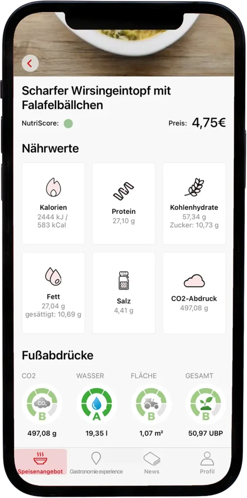 Smartphone-Bildschirm mit geöffneter Foodprint-App. Angezeigt wird ein Gericht namens ‚Scharfer Wirsingeintopf mit Falafelbällchen‘ mit Preis, Nährwertangaben und Umweltfußabdrücken. Die Bewertung zeigt: CO₂-Ausstoß 497 g (B), Wasserverbrauch 19,35 l (A), Flächenverbrauch 1,07 m² (B) und Gesamtwert 50,97 UBP (B).