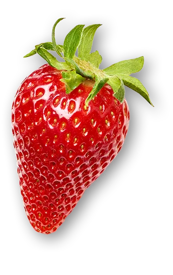 Frische, reife Erdbeere mit grünen Blättern, freigestellt auf transparentem Hintergrund.